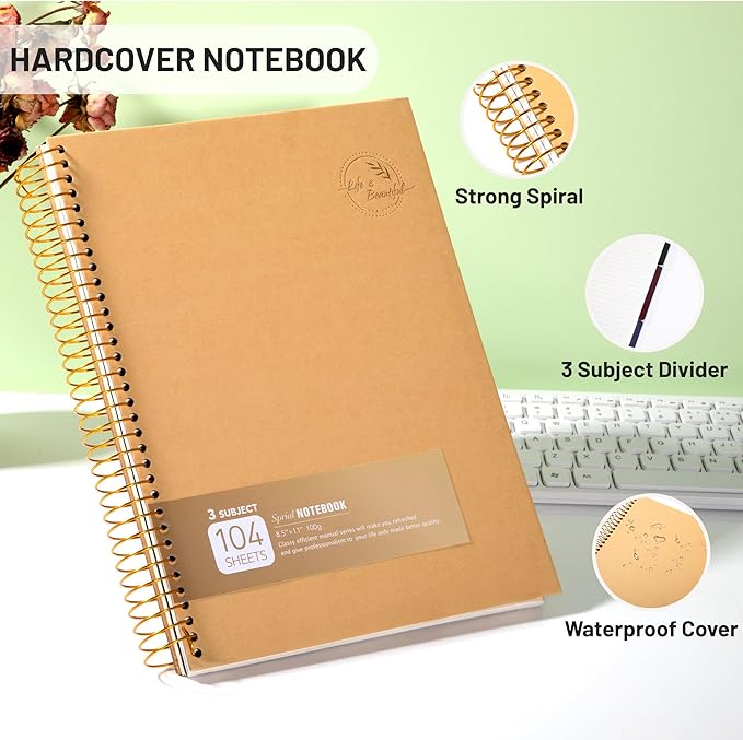 8.5 x 11 Large Spiral Notebook 3 Subject Spiral Notebook Hardcover Spiral Notebook for Note Taking 120 Sheets College Ruled Journal for School Office Supplies Writing Journal,Brown