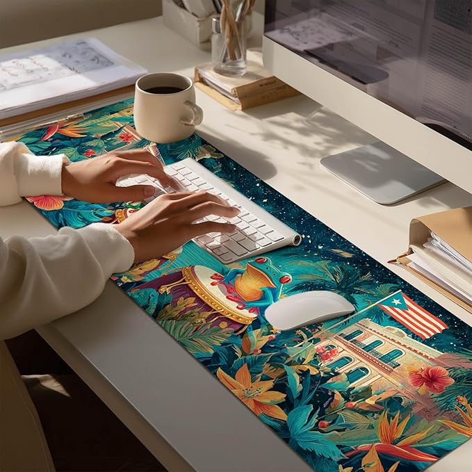 Large Mouse Pad Gaming Mousepad 31.5 x 11.8 Inch Keyboard Desktop Mat Diatomite XL Mouse Pad for Home and Office Desk Accessories with Tropical City Drum Frog Artwork and Smooth Diatomite
