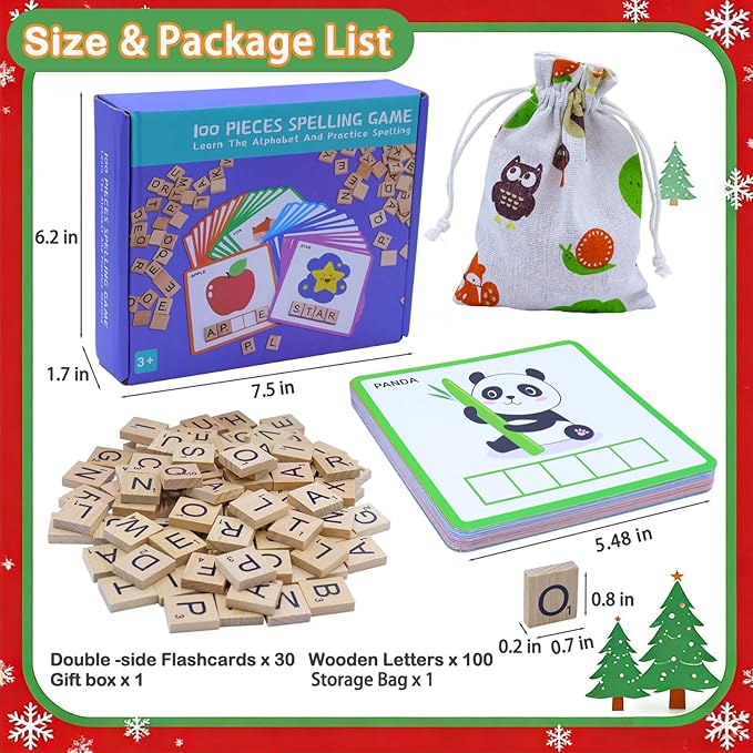 Spelling Games, Sight Word Games for Kids 3-8, 30 Double-Sided Alphabet Flash Cards, 100 Wooden Letters, Preschool Learning Activities Toys, Montessori Educational Toys Gifts for Kids