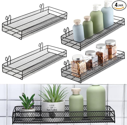 4 Pcs Black Metal Grid Wall Baskets with Hooks Hanging Wire Mesh Basket for Gridwall Wall Mounted Storage Organizer for Home Kitchen Organizing Display