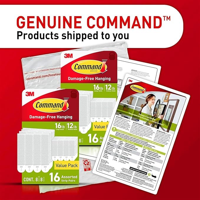 Command Medium and Large Picture Hanging Strips, Damage Free Hanging Picture Hangers, No Tools Wall Hanging Strips for Living Spaces, White, 16 Medium Pairs and 16 Large Pairs (64 Total)