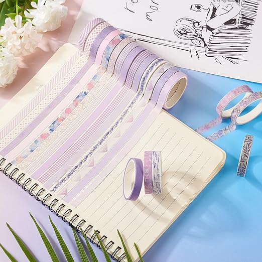 20 Rolls Scrapbook Tape 7 mm Cute Decorative Tape Set Floral Tape Pack Purple Aesthetic Colored Tape Rolls Stickers for Crafts DIY Scrapbook Bible Study Journaling Planner Supplies