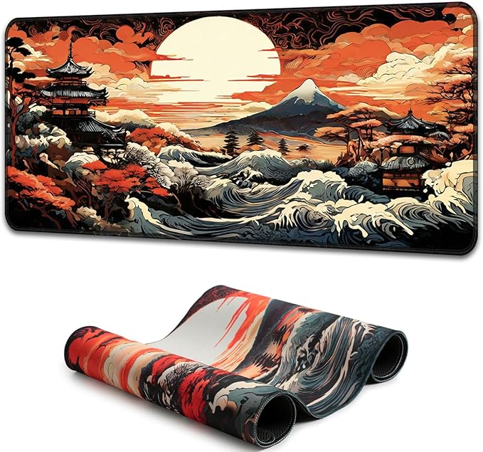 Manicer Japanese Sunset Wave Gaming Mouse Pad – Large Extended Mouse Mat with Pagoda Mountain Landscape, Smooth Control Surface, Non-Slip Rubber Base, Waterproof Mousepad for Office & Home