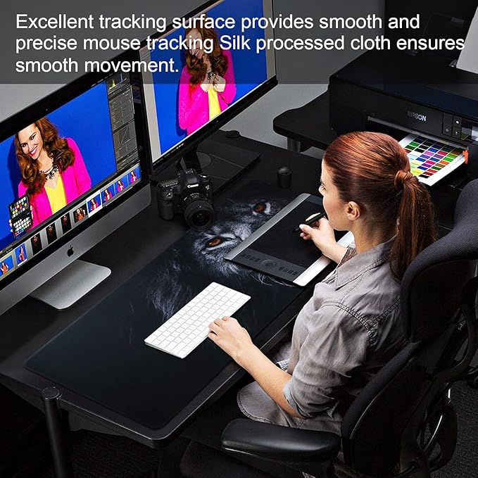 Large Gaming Mouse Pad with Stitched Edges,[27.5x11.8In] Extended Black Lion Mouse Pad with Non-Slip Natural Rubber Base for Gamer/Desktop/Office/Home 70x30 Blion02