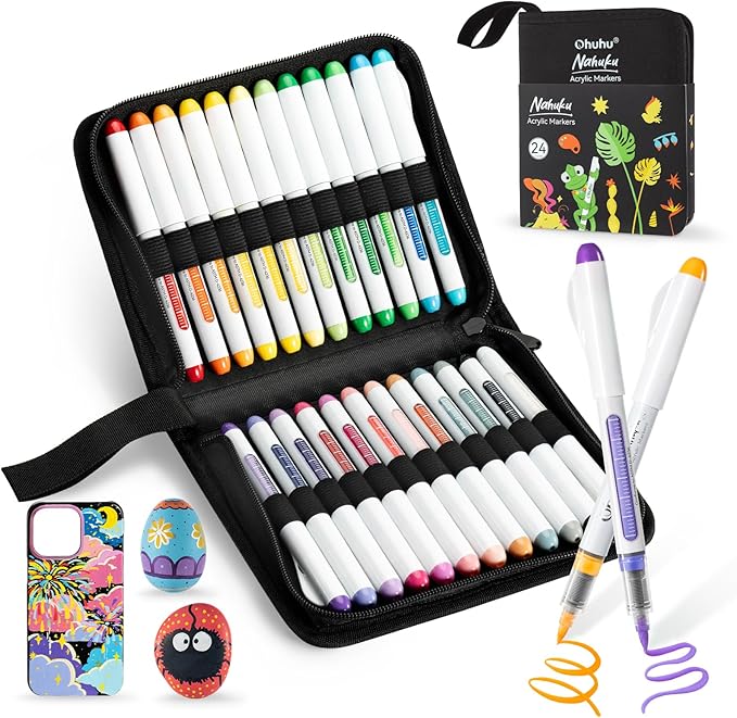 Ohuhu Acrylic Paint Markers Brush Tip: 24 Colors Automatic Ink Control Acrylic Markers High Opacity Paint Pens Waterproof Lightfast for Rock Painting 3D Prints Easter Eggs Wood DIY Crafts- Nahuku