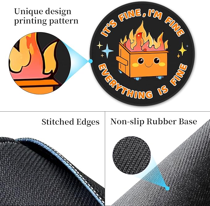 Funny Mouse Pad for Desk, Cute Office Decor for Women, Dumpster on Fire Small Mousepad with Non-Slip Rubber Base, Travel Round Computer Mouse Pads for Laptop Desk Accessories Office Supplies