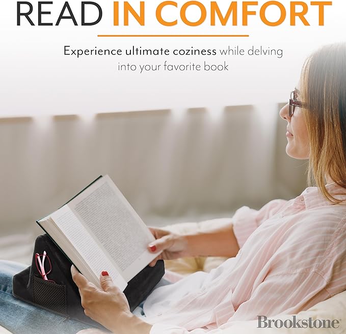 Brookstone Tablet Lap Cushion - Tablet and Phone Holder for Bed, Flights, and Travel, Two Angled Memory Foam Lap Desk for Reading and Hands Free Viewing, Compatible iPad and Kindle Accessories, Black