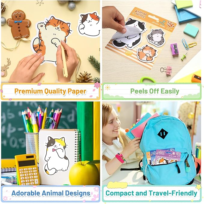 Cute Cat Shaped Sticky Notes Set - 6 Kawaii Animal Memo Note Pads with Cartoon Cats Design - 360 Sheets Themed Stationery Notepad for School, Office Supplies, Gifts for Cat Lovers