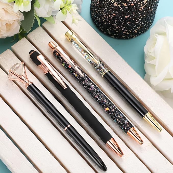 Sabary 8 Pcs Black Pens with Pen Holder for Desk Glitter Crystal Diamond Cute Ballpoint Fancy Pencil Holder Bling Desk Organizer for Women Girls Gifts School Office Wedding Supplies