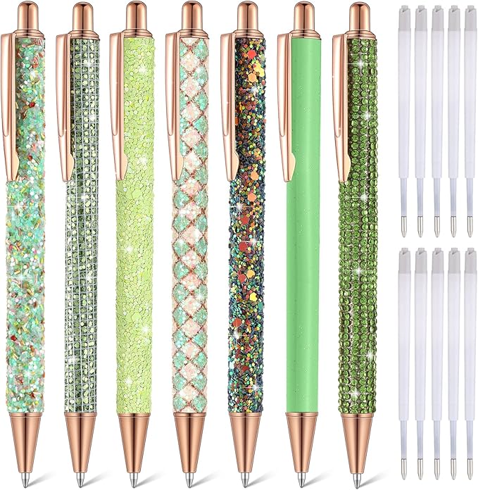Sherr 7 Pcs Fancy Pens for Women Cute Sparkly Glitter Pens with 10 Pcs Black Ink Refills Pretty Gifts for Girls Office School Christmas Graduation(Fresh)