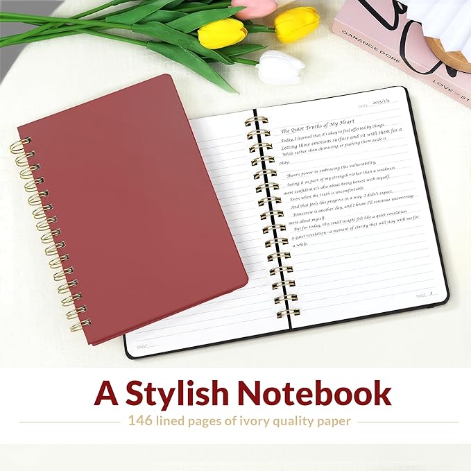 SUNEE Journaling Notebooks, A5 Lined Spiral Notebook for Women, 146 Pages College Ruled Hardcover Notebook for Work, Note Taking, Journaling and Office School Supplies, A5 -Burgundy