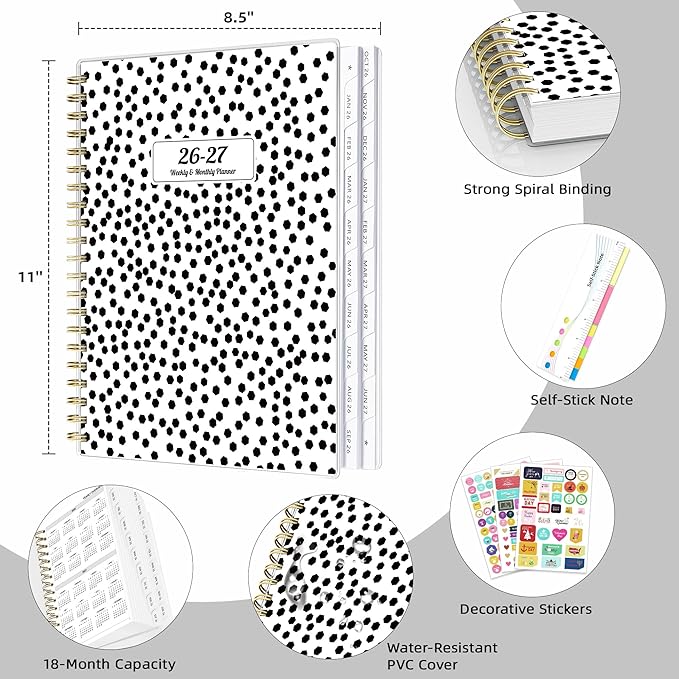 Ospelelf 2026 2027 Planner Weekly and Monthly Calendar Spiral Bound, A4 Office Supplies For Women & Men, 18 Months PVC Cover Life Planners with Stickers Polka Dots