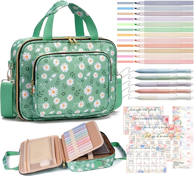 Bible Cover Case for Women, Large Bible Bag w/Shoulder Strap, Bible Study Supplies Journaling Kit Book Carrying Case with Pastel Highlighters 75 Tabs, Valentines Day Christian Gifts for Women Her Mom