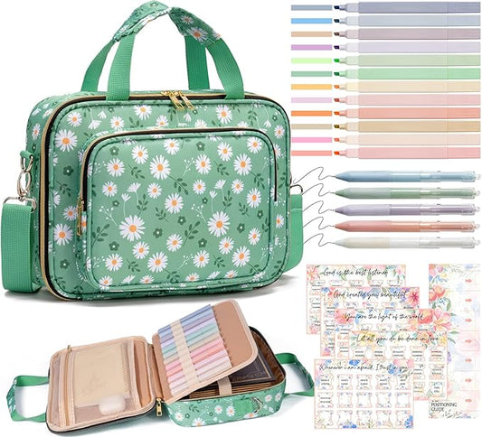 Bible Cover Case for Women, Large Bible Bag w/Shoulder Strap, Bible Study Supplies Journaling Kit Book Carrying Case with Pastel Highlighters 75 Tabs, Valentines Day Christian Gifts for Women Her Mom