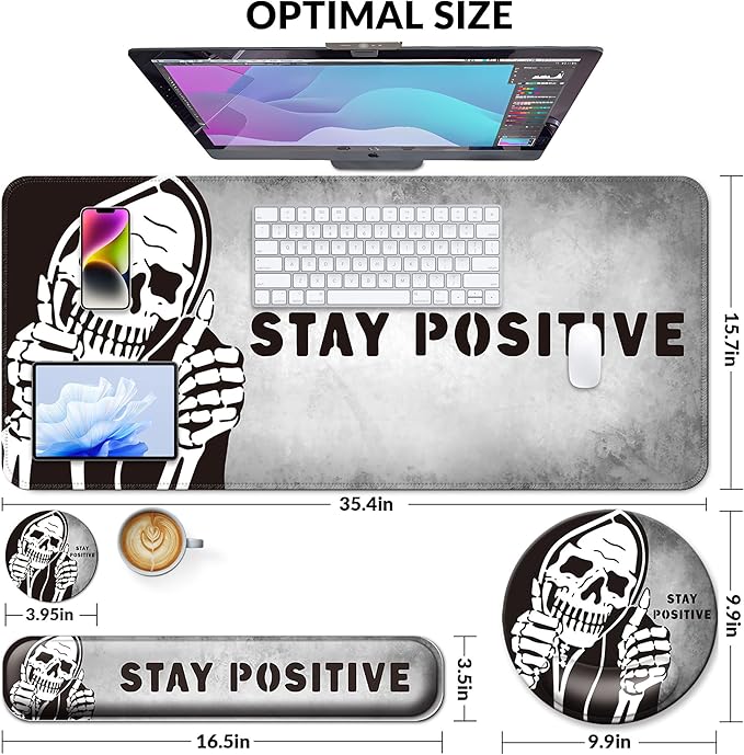Desk Mat Set + Keyboard and Mouse Pad with Wrist Rest Support,4-in-1 Large Mousepad Computer Mats for Desktop Home & Office-Skull