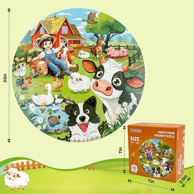 Puzzles for Kids Ages 4-6, 70 Piece Round Floor Puzzles for Kids Ages 3-5 with Animals & Barn, Popular Educational Toys & Gift for 3 4 5 6 7 8 9 10
