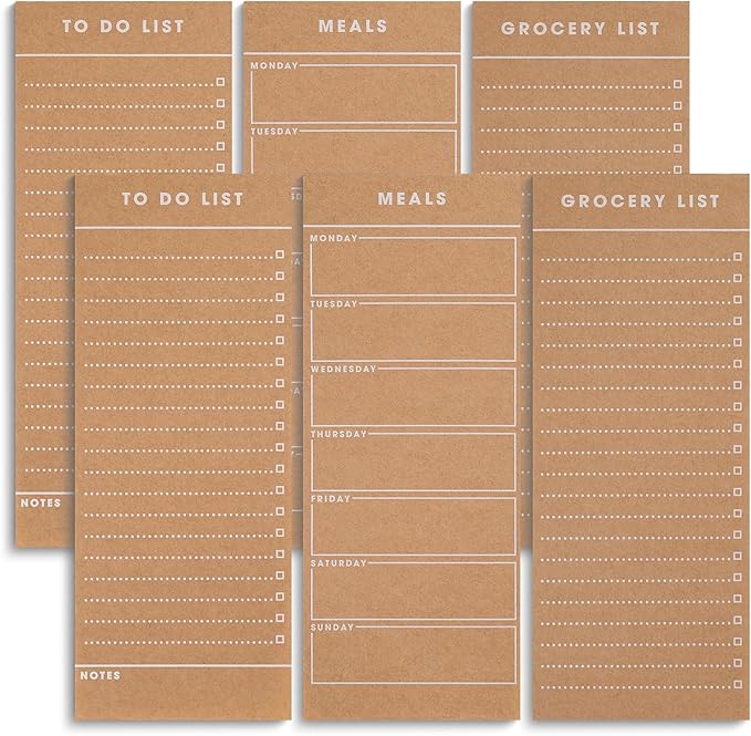 6 Vintage Magnetic Notepads (2 Meal Planner, 2 To-Do List, & 2 Grocery List Pad) – Fridge Notepad Comes With Full Magnetic Back- Shopping List, Daily Task, Food Planner, Refrigerator Notepad, Memo Pads – 3.5 x 7.5 inches
