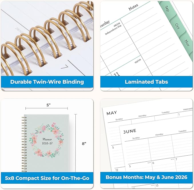 Blue Sky 2026-2027 Weekly and Monthly Academic Year Planner Calendar, July 2026 - June 2027, 5" x 8", Flexible Cover, Wirebound, Laminated Tabs, Laurel