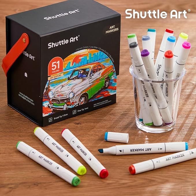 Shuttle Art 51 Colors Alcohol Markers, 50 Colors Dual Tip Art Marker Set Plus 1 Colorless Blender with Marker Case Perfect for Illustration Students Adult Coloring Sketching (Pack of 2)