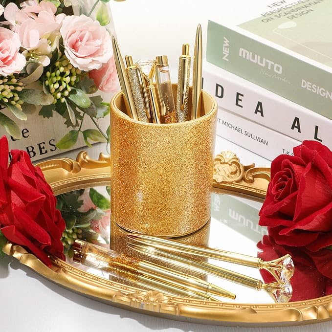 Sabary 8 Pcs Gold Pens with Pen Holder for Desk Glitter Crystal Diamond Cute Ballpoint Fancy Pencil Holder Bling Desk Organizer for Women Girls Gifts School Office Christmas New Year Supplies