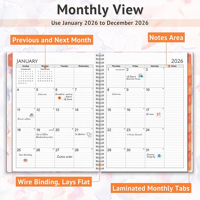 CRANBURY Large Planner 2026, 8.5x11 Weekly Monthly Calendar Agenda, from Jan to Dec Daily Organizer, Watercolor Theme, Spiral Bound Planner with Tabs