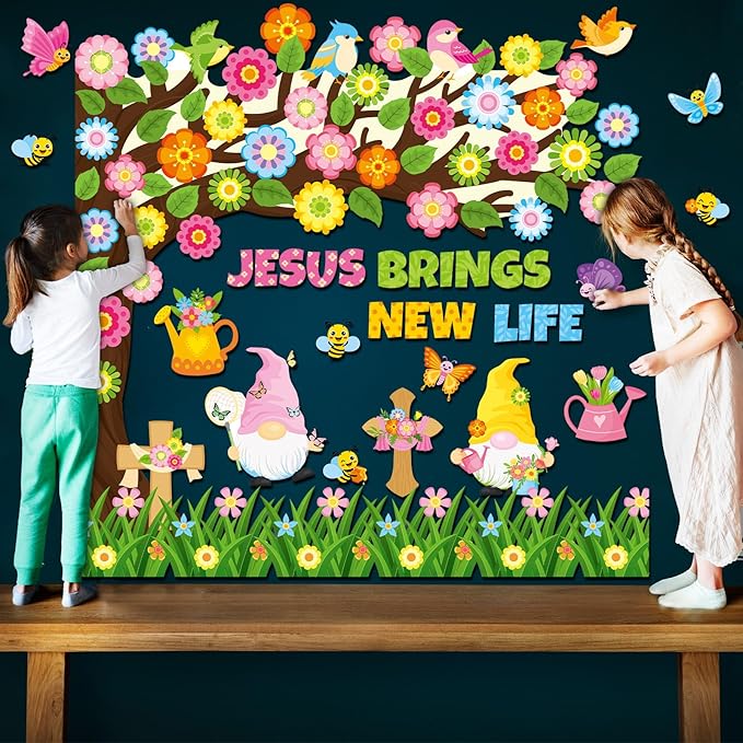 Zonon 114 Pcs Christian Spring Classroom Bulletin Board Decorations Flower Tree Bulletin Board Set Religious Spring Cutouts for Sunday School Kids Office School DIY Projects Chalkboard Supply