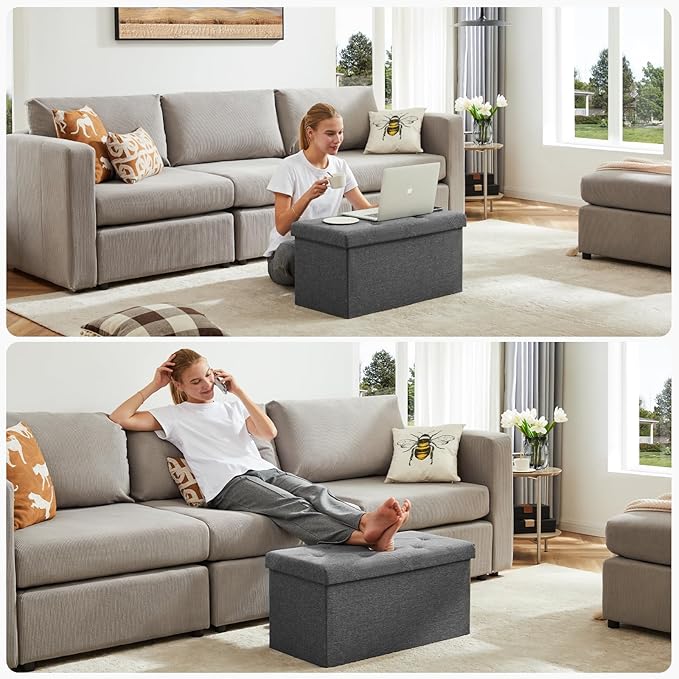 DUMOS 30in Foldable Storage Ottoman Bench, Storage Chest, End of Bed Foot Rest Stool with Padded Seat, Bedroom Bench for Living Room, Bedroom, Support 660lbs, Grey