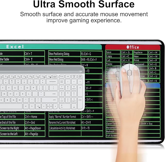 Large Gaming Mouse Pad Extended XXL Mouse Mat Long Desk Pad with Stitched Edges for Keyboard Home Office Gaming Work Big Desk Pad (35.4x15.7IN,90x40) (Excel Shortcuts)