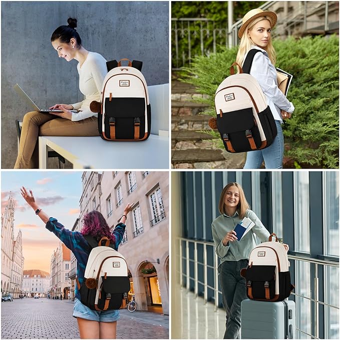 School Backpack for Teen Girls, Cute College Backpacks for Women Students Aesthetic Bookbag Large 15.6 Inch Laptop Bag Middle School Travel Back Pack (Beige-Black-Brown)