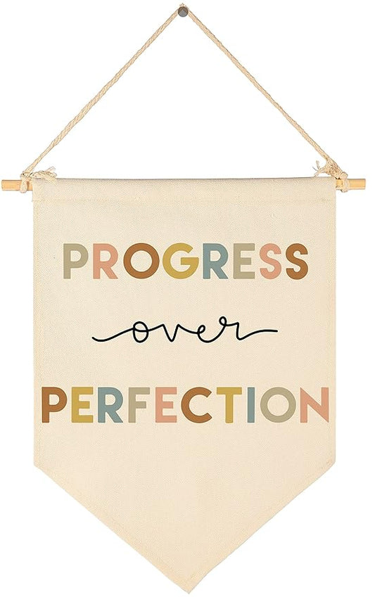 Progress Over Perfection-Teacher Gift-Classroom Wall Decor-Reading Room Homeschool Decor-Canvas Hanging Pennant Flag Banner Wall Sign-Positive Affirmation Inspirational Growth Mindset-Mental Health