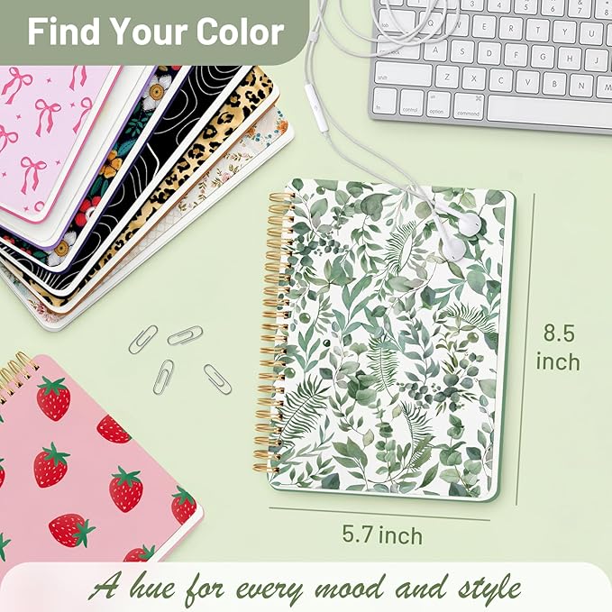 Stanoha Cute Spiral Notebook A5 Journal for Women Girls Kawaii Aesthetic Pretty Floral Design with Pocket, 8.5 x 5.7 inch, Line, Green Leaves