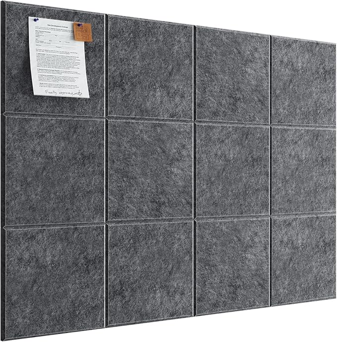 Felt Cork Board for Wall: Extra Large Bulletin Board for Office - 12 PCS Thick Corkboard Tiles Grey Pin Board Squares Adhesive