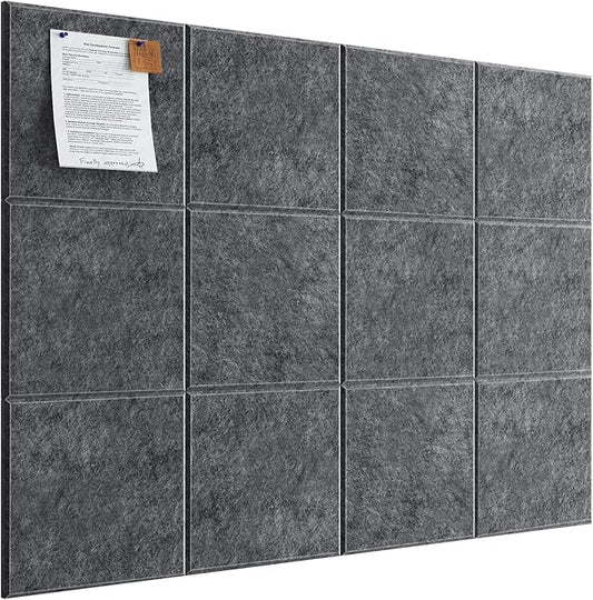 Felt Cork Board for Wall: Extra Large Bulletin Board for Office - 12 PCS Thick Corkboard Tiles Grey Pin Board Squares Adhesive