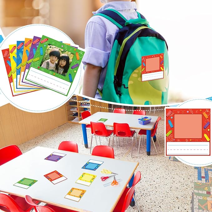 36 Pcs Kids Photo Nameplates for Desk Kids Name Tags Labels Stickers with Photo Space Self-Adhesive Labels Bulletin Board Colorful Classroom Decoration for Desk Bins Cubbies Office (Crayon)