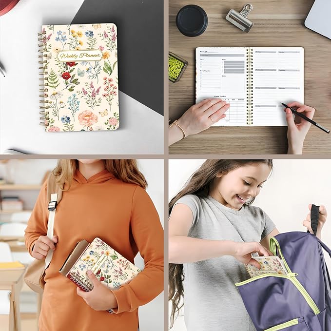 Weekly Planner Undated - 52 Weeks To Do List Notebook A5 for Work: Weekly Task, Habit Tracker Journal, Goal Setting, Agenda Sprial Bound Organizer Book Women Cute Stylish Design, Floral