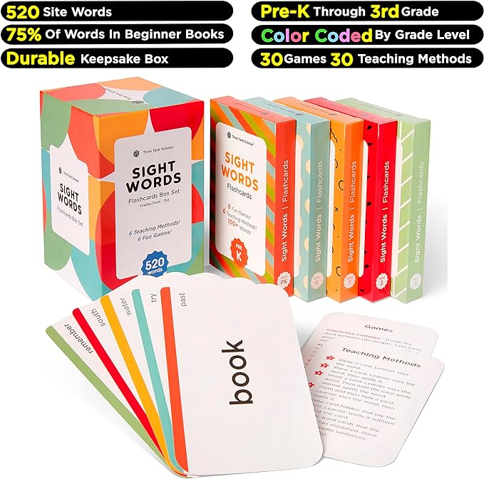 Award-Winning Sight Words Flash Cards – 520 High Frequency Words for Kids Ages 3–9 – Dolch & Fry List – Learn to Read for Preschool, Kindergarten, 1st, 2nd & 3rd Grade – Homeschool & Classroom Set