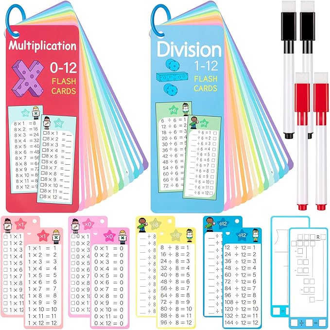 29Pcs Multiplication and Division Flash Cards, Math Flash Card with 4 Dry Erase Pens 2 Rings, Time Table Flash Cards for 1st to 3rd Grades Fun Learning with Math Game