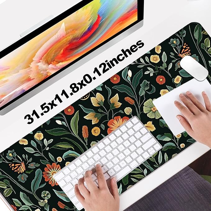 Floral Gaming Desk Mat, Computer Keyboard Large Extended Long Flower Plants Mouse Pad for Office and Home, XL (W19)