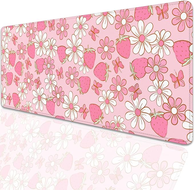 Pink Strawberries Flowers Desk Pad Mouse Pad,Large Butterfly Floral Mouse Mat with Stitched Edges,Non-Slip Rubber Base Mousepad for Office PC Keyboard Laptop and Home Work Desk Mat(31.5X11.8 in)