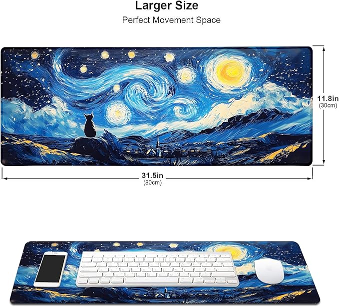 Black Cat Art Night Starry Sky Large Mouse Pad, Desk Mat Computer Keyboard Pad Non-Slip Rubber Base Waterproof with Stitched Edges for Laptop Gaming, Office & Home 31.5 x 11.8 Inch (XL-23)