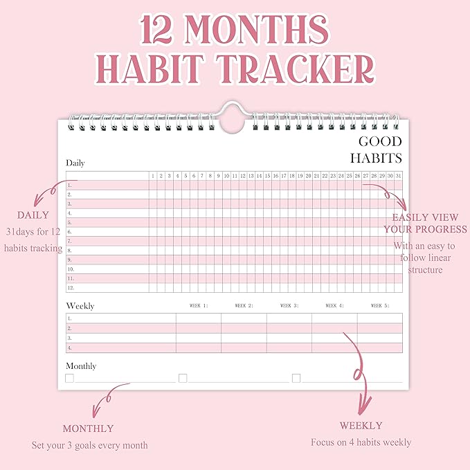 Habit Tracker Journal - Undated Weekly & Monthly Planner with Spiral Binding12Months, 8.5"x11' Pink