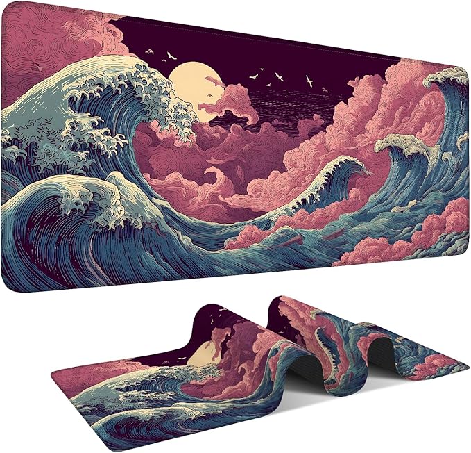 Japanese Great Wave XXL Extended Gaming Mouse Pad 35.4 x 15.7 Inch – Large Non-Slip Desk Mat with Smooth Cloth Surface, Stitched Edges, Ocean Wave Design for Gaming and Office