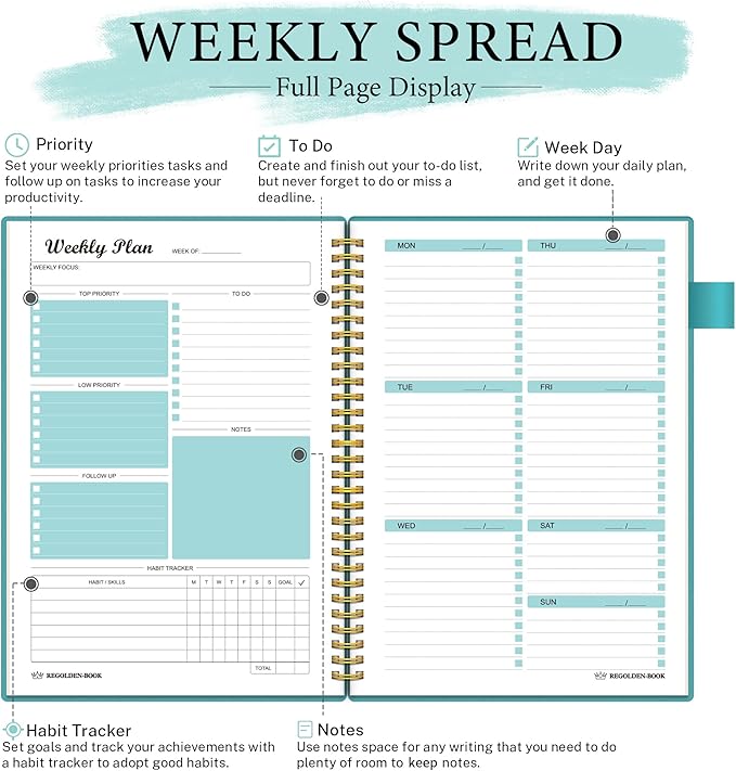 Weekly Planner Undated, Weekly Goals Schedule Planner Regolden-Book To Do List Notebook Calendars Organizers Habit Tracker Journal for Man & Women, Spiral Binding, Pocket, Pen Loop, 53 Weeks (7x10")