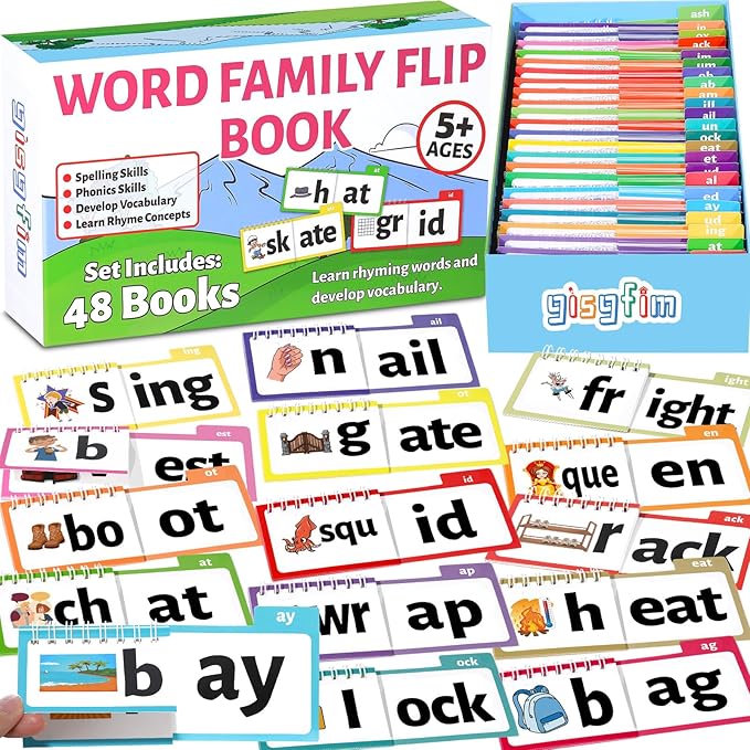 gisgfim 48 Word Family Build Book Spell Read and Rhyme Flip Activity Books ABC Vocabulary Flashcards Kindergarten Sight Phonics Flashcard Fun Learn to Read Activity Games for Kids Homeschool Supplies