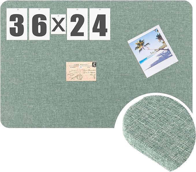36"x 24" Linen Fabric Bulletin Board Pinboard for Walls Display Frameless Pinboard Display Notice Memory Board for Office Walls Home Kitchen Easy to Install(Sage Green)