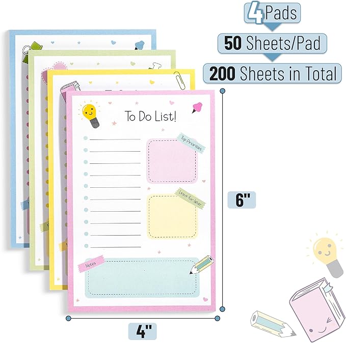 Mr. Pen- to Do List Sticky Notes, 4"x6", 4 Pads, 200 Sheets, School Style, to Do List Notepad, Lined Sticky Notes, Todo List Notepad
