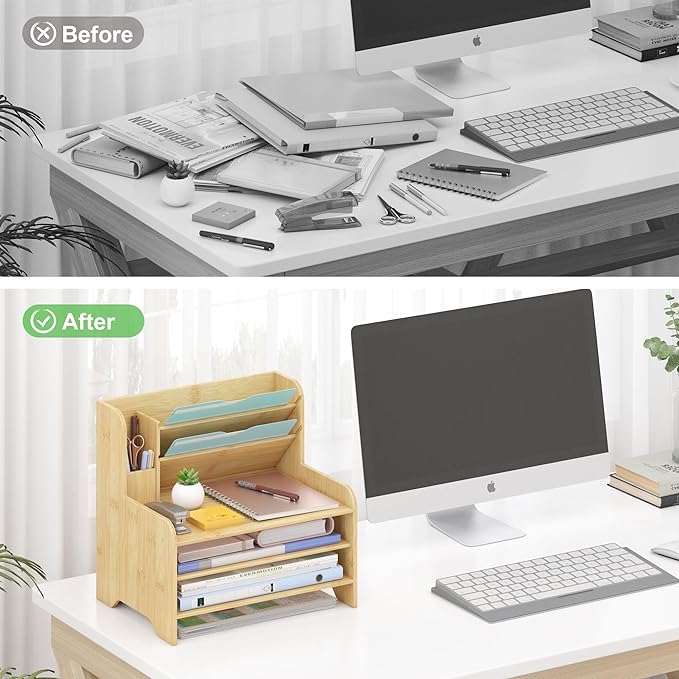 Bamboo Desk Organizer Mail Holder Countertop Letter Tray File Organizer for Desk Letter Sorter Paper File Storage for School Home Office Supplies