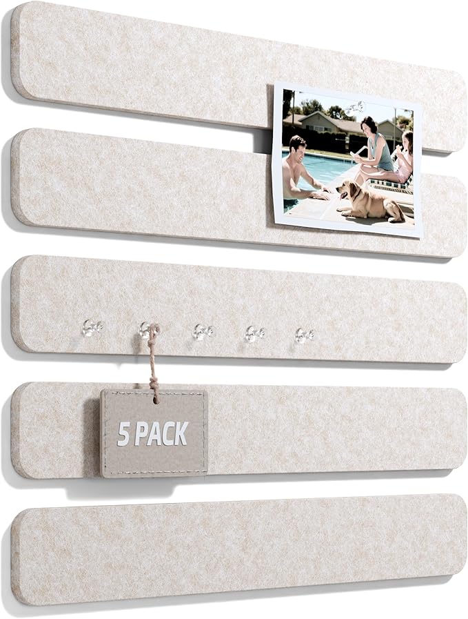 Fluxynara Cork Board Alternative Felt Strip Board 5-Pack 13"x2", Office Pin Board with 35 Push Pins, Adhesive Install for Bedroom Door & Home Office(Oatmeal)