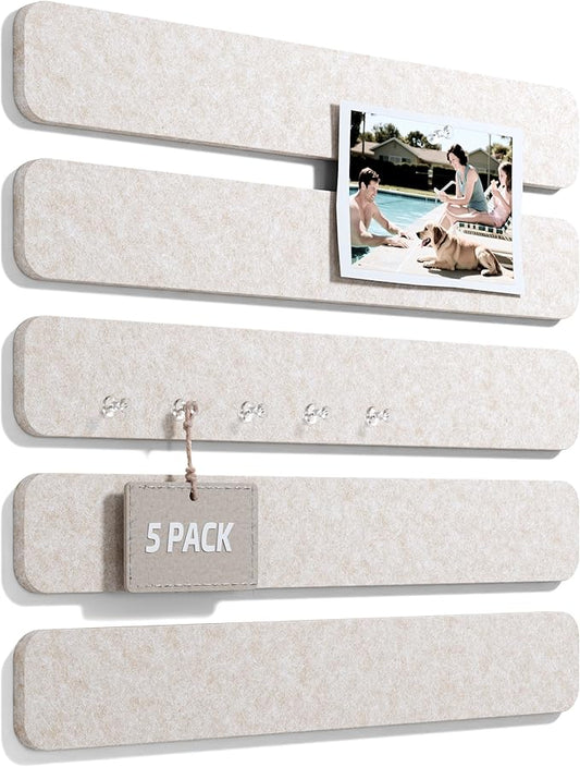 Fluxynara Cork Board Alternative Felt Strip Board 5-Pack 13"x2", Office Pin Board with 35 Push Pins, Adhesive Install for Bedroom Door & Home Office(Oatmeal)