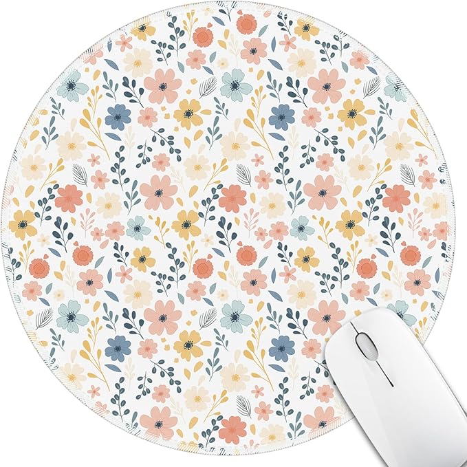Mouse Pad for Desk, White Floral Flowers Small Cute Mousepad with Non-Slip Base, Round Mouse Pads for Wireless Mouse Laptop Gaming, Computer Mouse Mat for Home Office Travel Desk Accessories